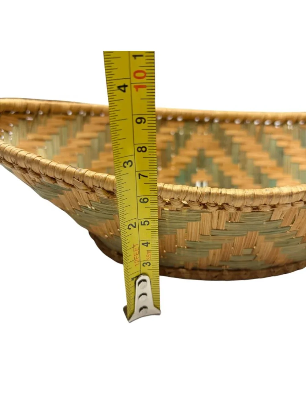 Vintage Handwoven Oval Bread Basket Geometric Green Natural Split Reed Boat Tray